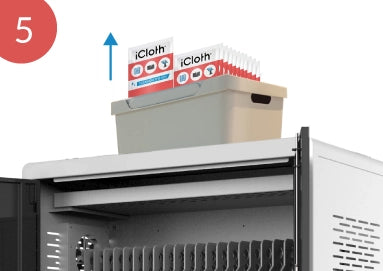 EdTech Charging Cart with XL Wipe Caddy: A sleek charging cart designed for tablets and Chromebooks, featuring a convenient caddy/bin for XL wipes to maintain device cleanliness.
