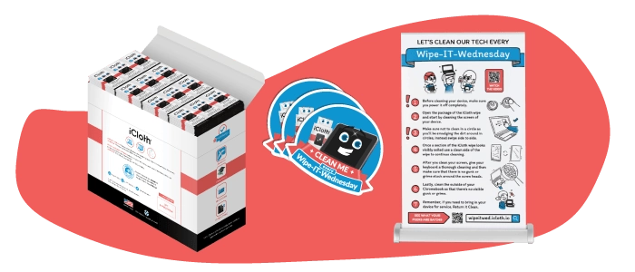 Teachers receive iCloth cleaning wipes supply tailored to device count & weekly cleaning goal. Kit includes educational materials for Wipe-It-Wednesday initiative.