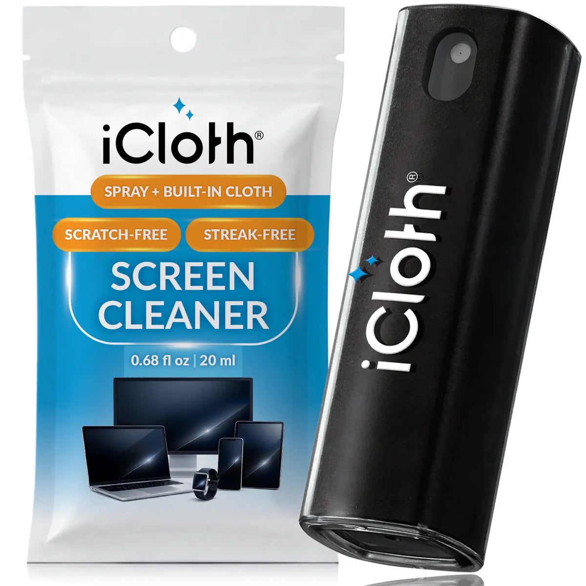 iCloth 2-in-1 Screen Cleaner Spray with Built-In Microfiber Cloth – 20 ml