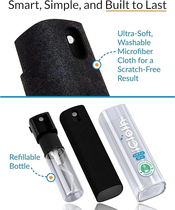 Set of cleaning products including a microfiber cloth, refillable bottle, and container.