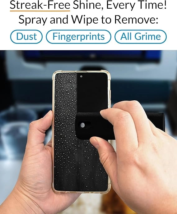 Cleaning a smartphone screen with a cleaning solution and cloth.
