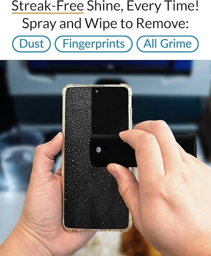 Cleaning a smartphone screen with a cleaning solution and cloth.