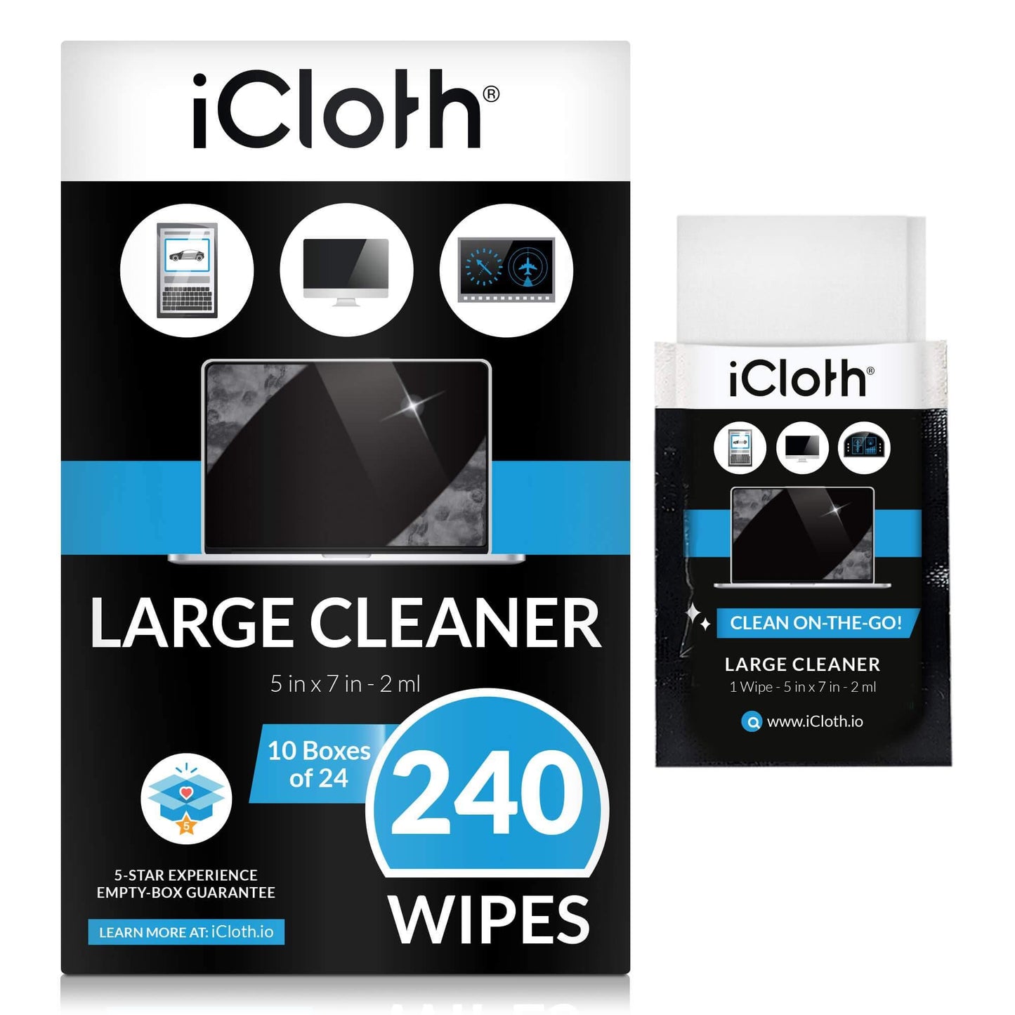 iCloth Large Lens and Screen Cleaner Pro-Grade Individually Wrapped Wet Wipes, 1 Wipe Cleans a LCD Monitor, Laptop, or Flat Screen HDTV.